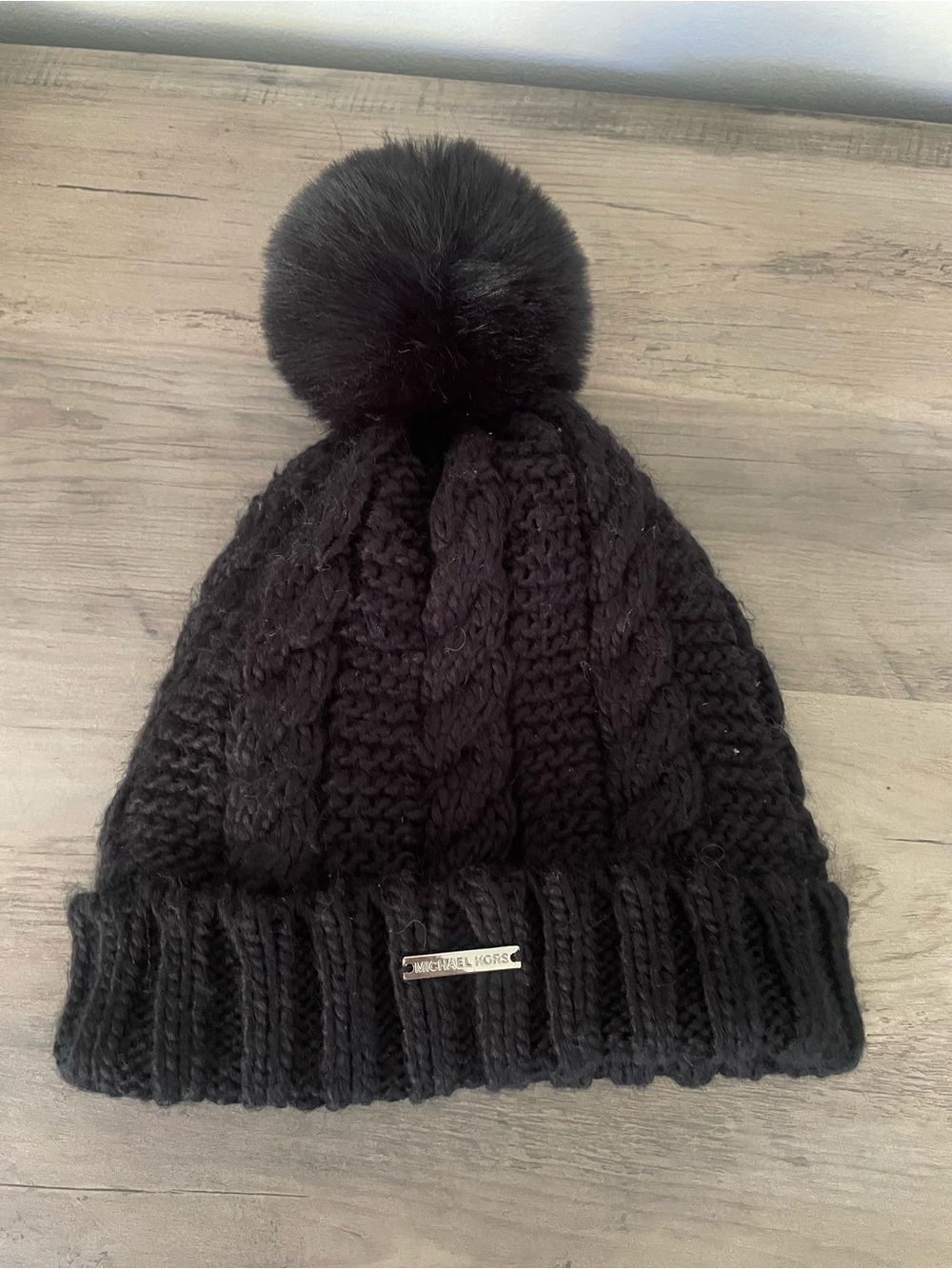 Michael Kors Cable Knit Cuffed Pom Beanie Black